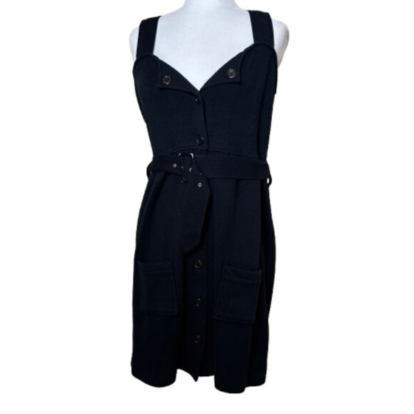 525 AMERICA Sweater Dress Size Medium Black Button Front Self Belt - Picture 1 of 12